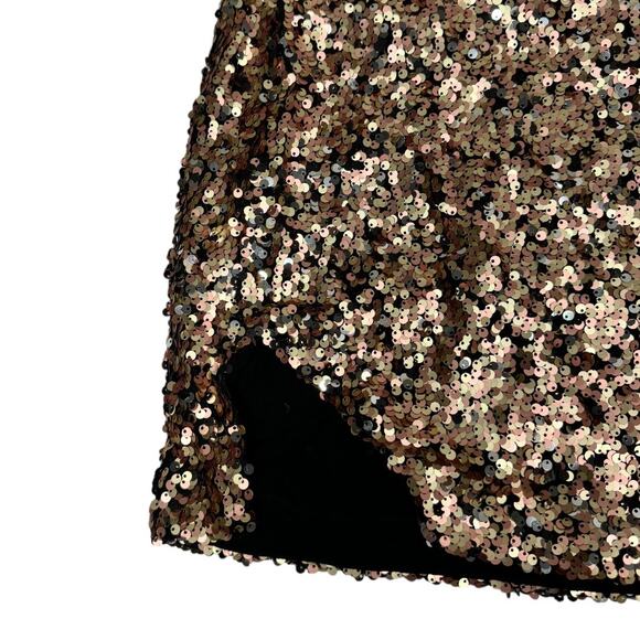 Free People Annalise Sequin Mini Skirt 6 New Gold Black Slit Edgy Boho Glam - Picture 3 of 8